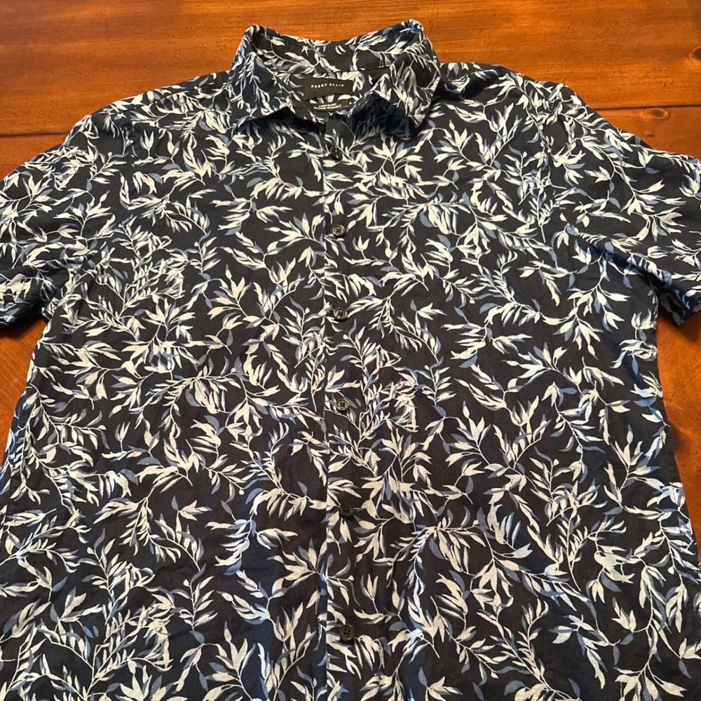 Perry Ellis Button Down Mens M Navy Blue Excellent Linen Blend Leaf Print Shirt